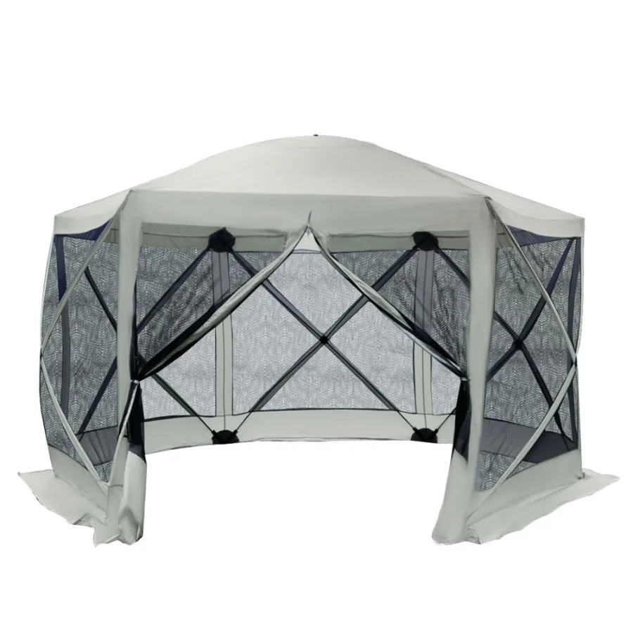 

Shaded Sanctuary: 6Sided Hexagon Pop Up Party Tent with Mesh Netting Beige