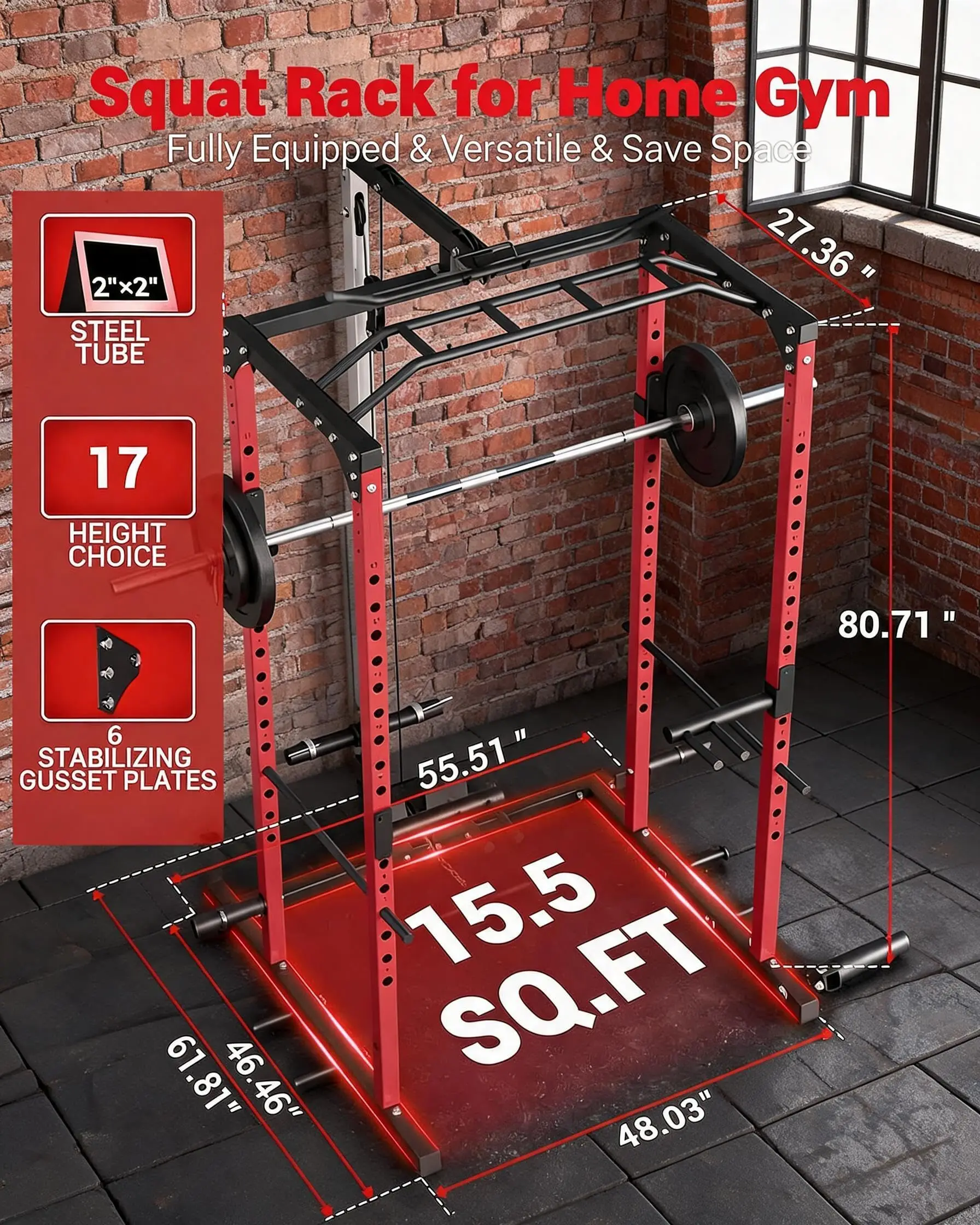 Power Cage 1200LBS Capacity with LAT Pulley System, Home Gym