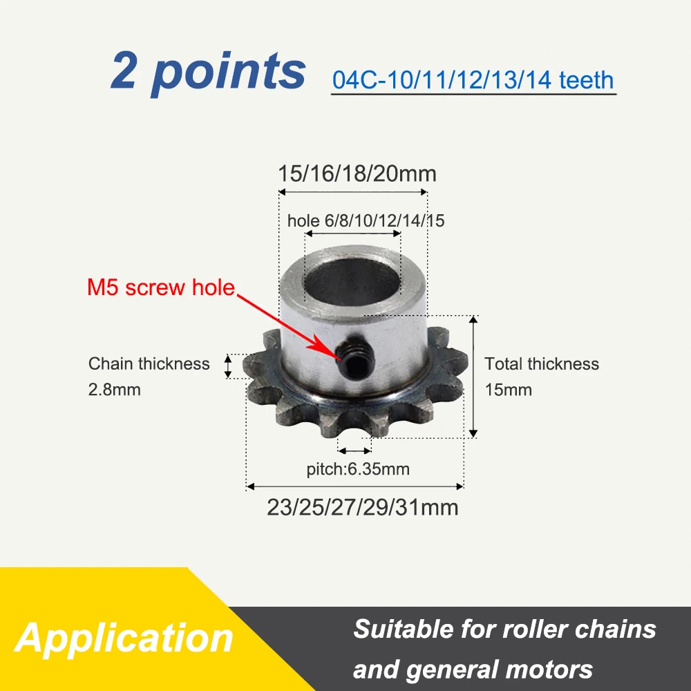1pc 04C Precision 2-point 6.35mm Pitch Carbon Steel Roller Chain Sprocket Wheel10/11/12/13/14 Teeth With M5 Set Screw