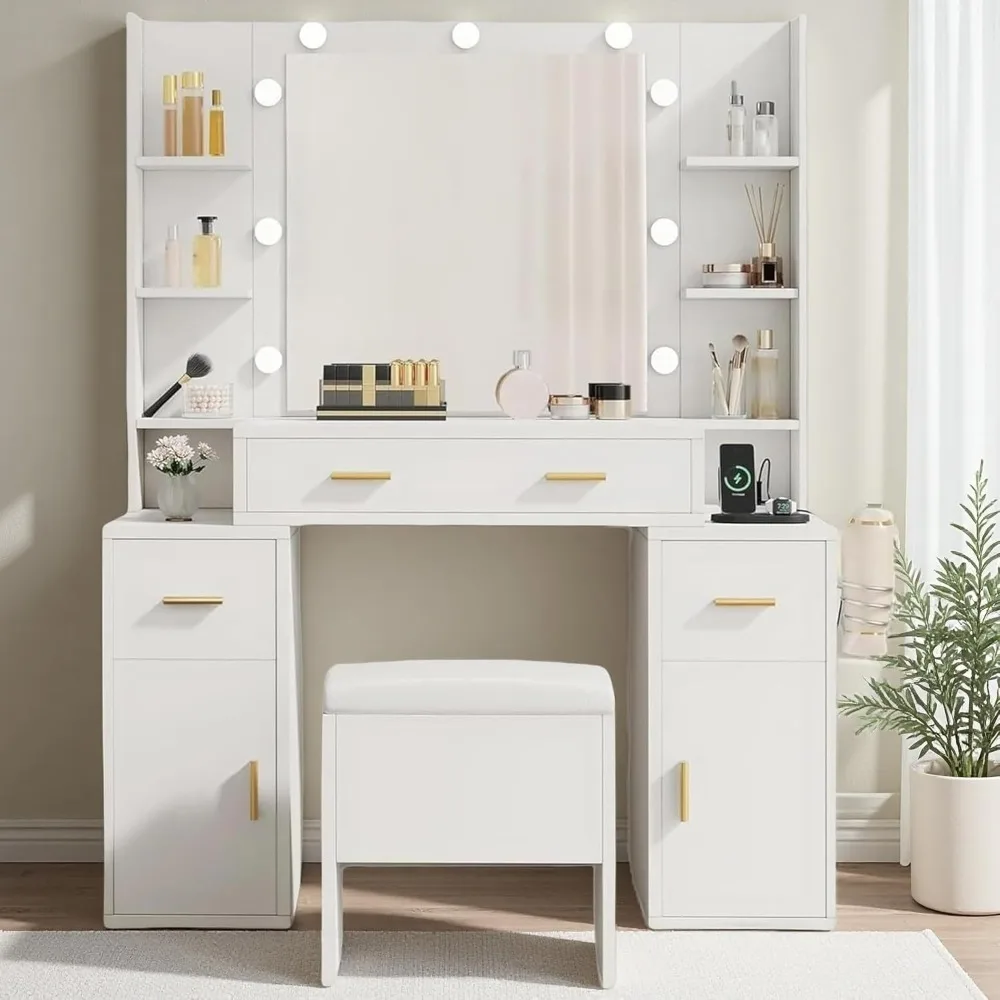 Dressing Table with Large Mirror and LED Light, Makeup Dressing Table with Power Socket, Comfortable Stool and Storage Drawer
