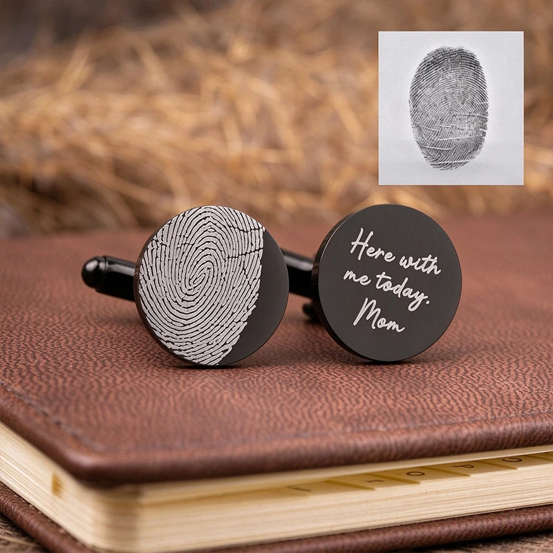 Custom Actual Fingerprint Round Cufflinks Custom Laser Engraved Stainless Steel Personalized Logo Products Groom Wedding Gifts