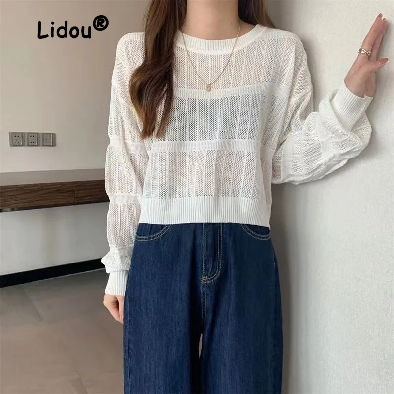 Fashion Hollow Smock Out Solid Color Knitting T-shirt Womne New Long Sleeve Loose O-collar Hong Kong Style All-match Top 2022