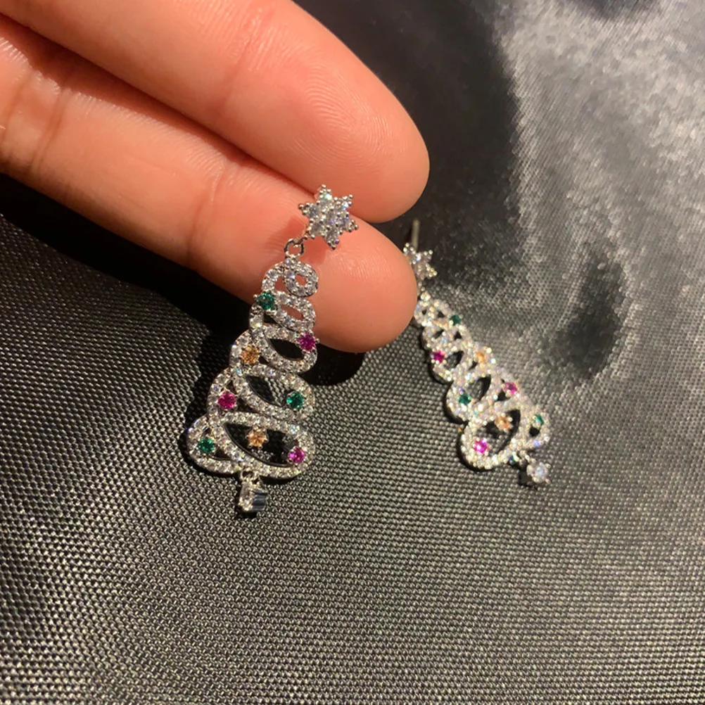 

1 Pair Mini Christmas Tree Ear Studs Rhinestone Silver Earrings Adorable Party Photo Props Lovely Ear Accessories For Christmas