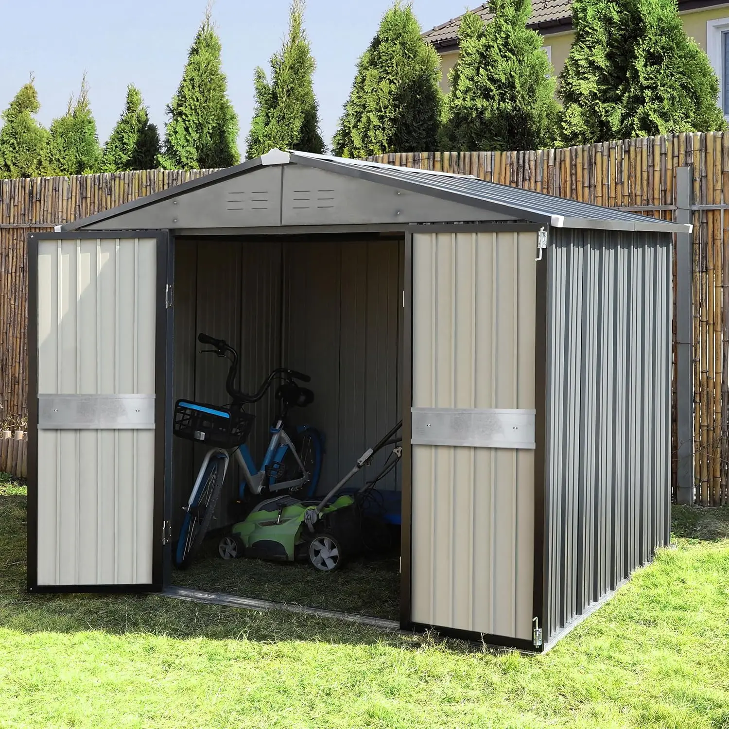 10' x 10' Outdoor Storage Shed with Double Doors, Garden Metal Shed, Utility Tool Shed Storage for Backyard, Patio and, Custom view 2