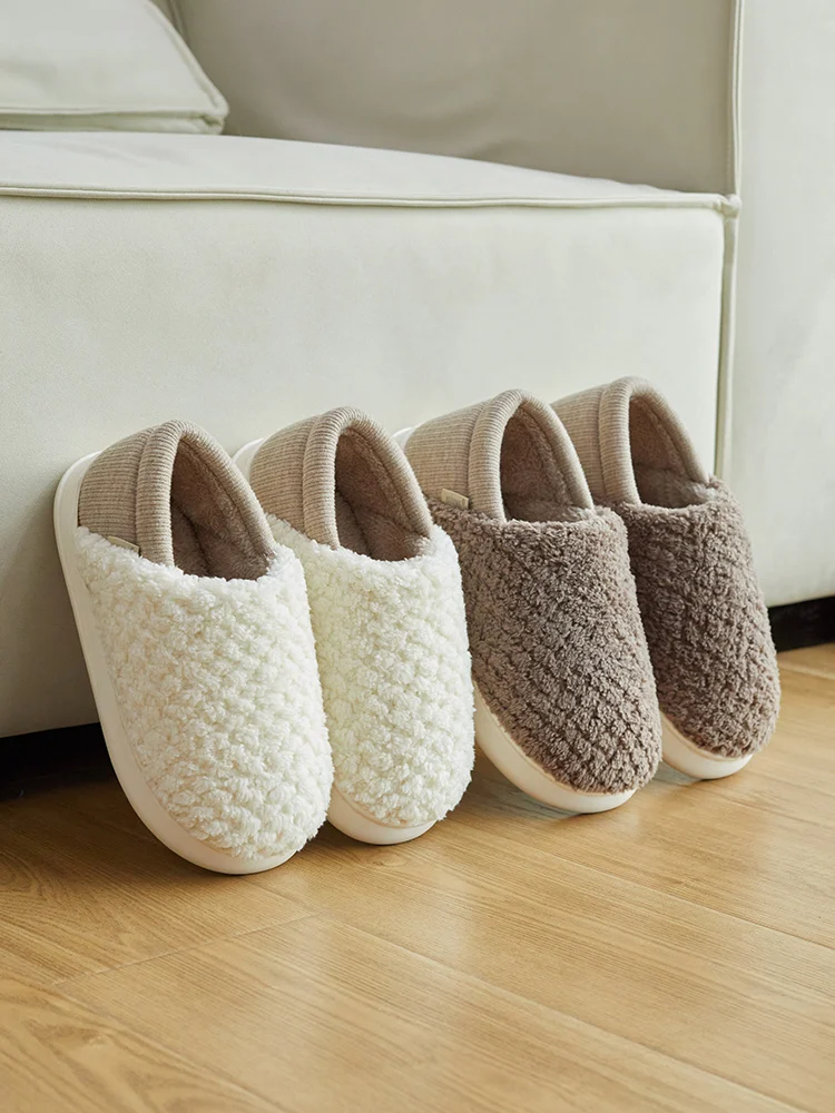 UTUNE Winter Plush Cotton Slippers Women\'s Warm Furry Home Wrapped Heel Light Soft Shoes Mute Indoor Flat Platform Man Slide