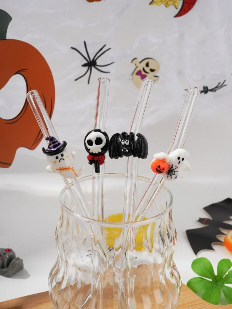 3/4PCS Halloween Glass Straw with Skull Bat Ghost Decor, Spooky Table Ornament for All Hot Cold Drinks & Parties