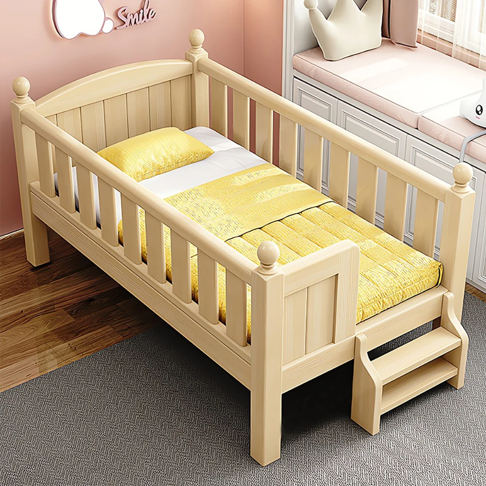 

Fashion Children Furniture Solid Expandable Wood With Guardrail Splicing Wide Kids Movable Boy Girl Baby Beech Bed
