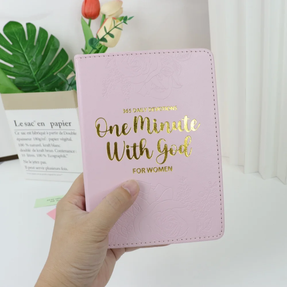 Pink embossed PU hardcover journal with gold text and hidden rose patterns. Created for women with 365 daily devotions. Great fo