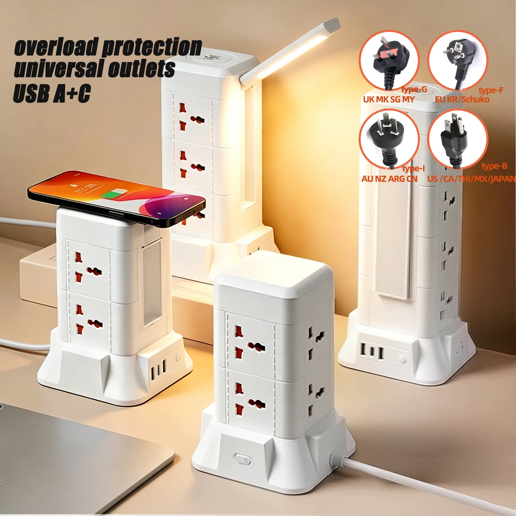 

FUNAYA Wireless Charging Tower Power with Multiple EU UK US AU Plugs with USB-A C Extension Cable 2/3M Cable Surge Protector