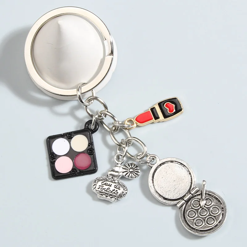 Metal Enamel Keychain Eye Shadow Lipstick Perfume Key Ring Makeup Key Chains For Women Girls DIY Handmade Jewelry Gifts