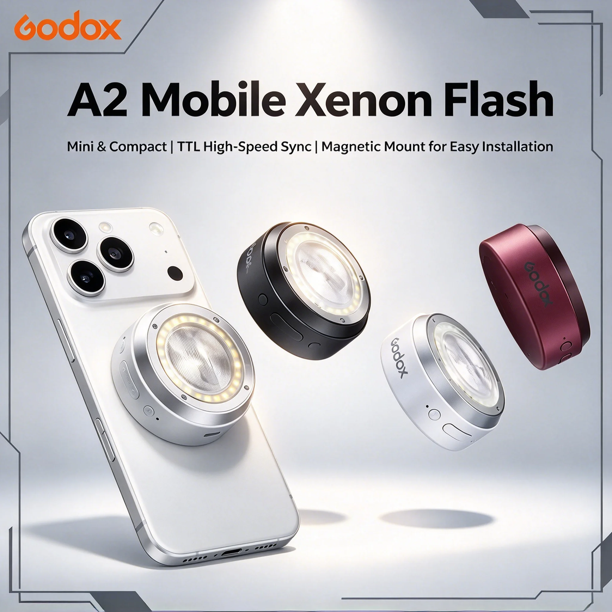 Godox A2 Smartphone Xenon Flash MagSafe TTL Mobile Flash with 1/8000s HSS Bi-color LED Video Fill Light For iPhone 15-18 Gift