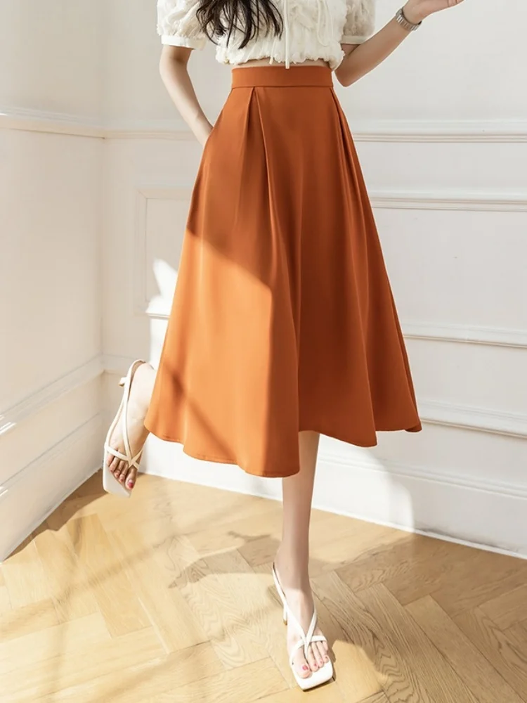 

SMTHMA Women's Vintage Elegant 2025 New Autumn Midi Length Skirts Slim High Waist Office Lady Solid Color Pleated A-line Skirts