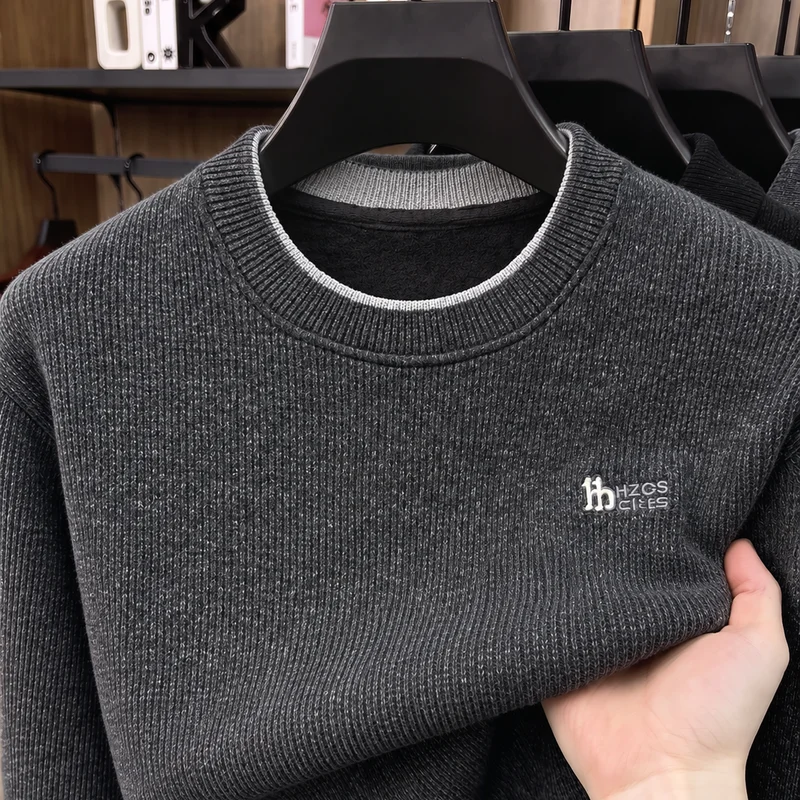 Fashion Autumn Men's O-neck Printed Knitted Sweater High End Solid Color Warm Long Sleeved Pullover Top Versatile Men's Wear