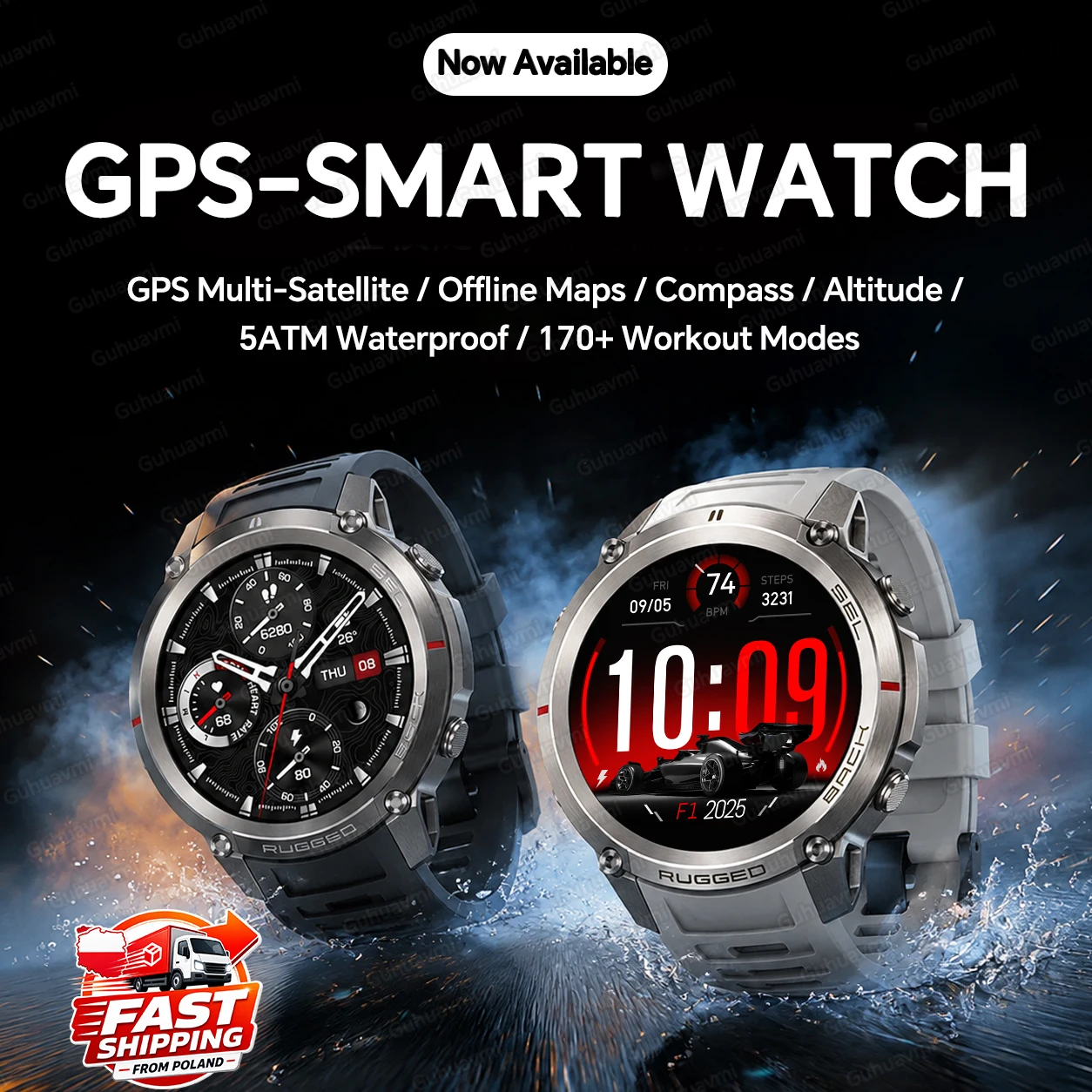Montre connectée de sport pour homme GUHUAVMI, avec suivi GPS, carte GPS hors ligne avancée, boussole, altimètre, étanche 5ATM pour la natation, écran AMOLED HD de 1,43 pouces