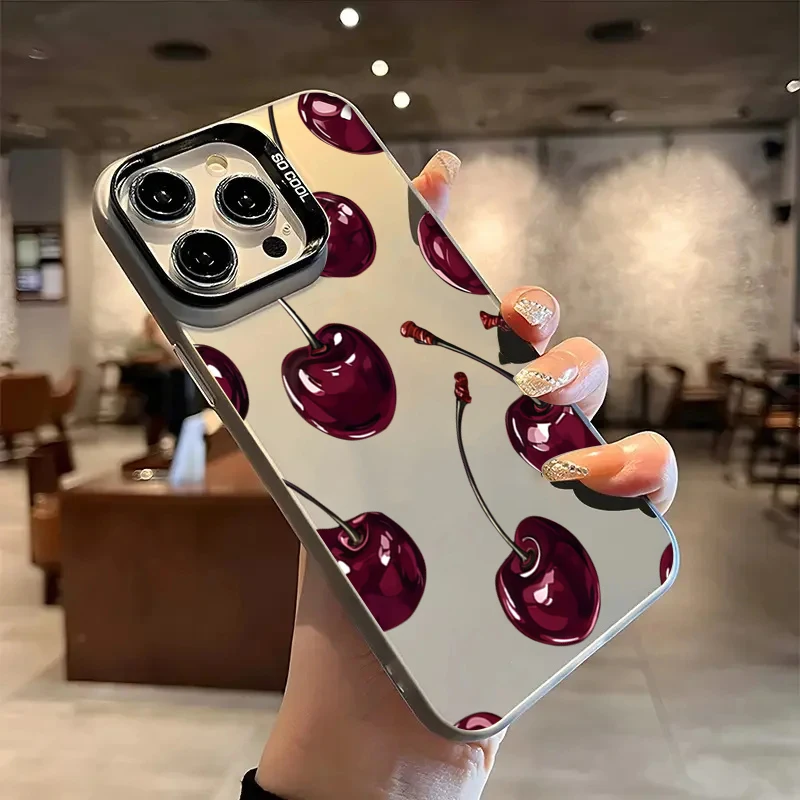 Cute Cherry Pattern Electroplate Silver IMD Phone Case For iPhone 17 16 15 14 13 12 11 Pro Max 17 Air 16E 7 8 Plus X XS XR Cover - náhled 3