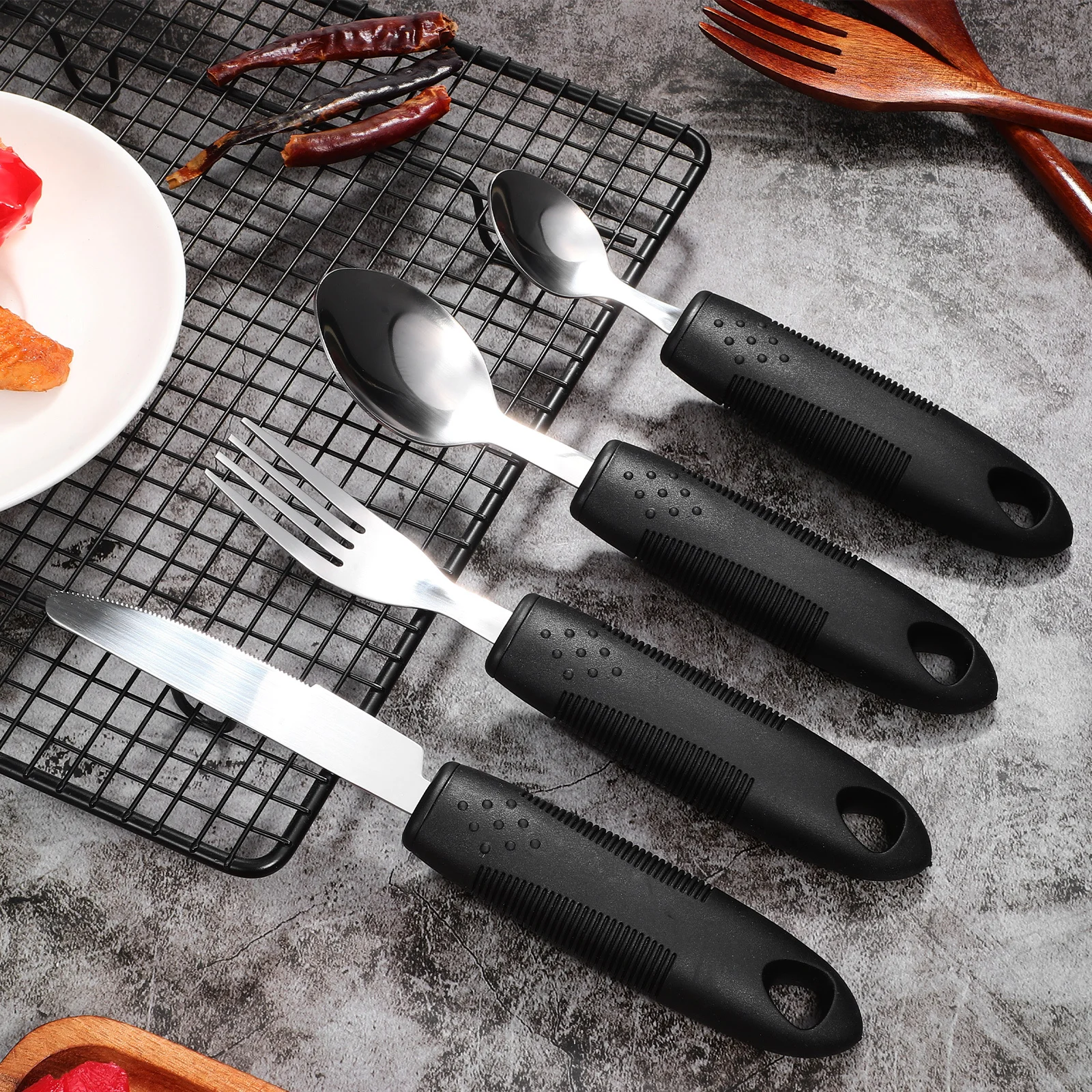 

1 set 1 Set Adaptive Utensils Weighted Handle Spoon Fork For Elderly Disabled Hand Tremors Stainless Steel Easy Grip Tableware