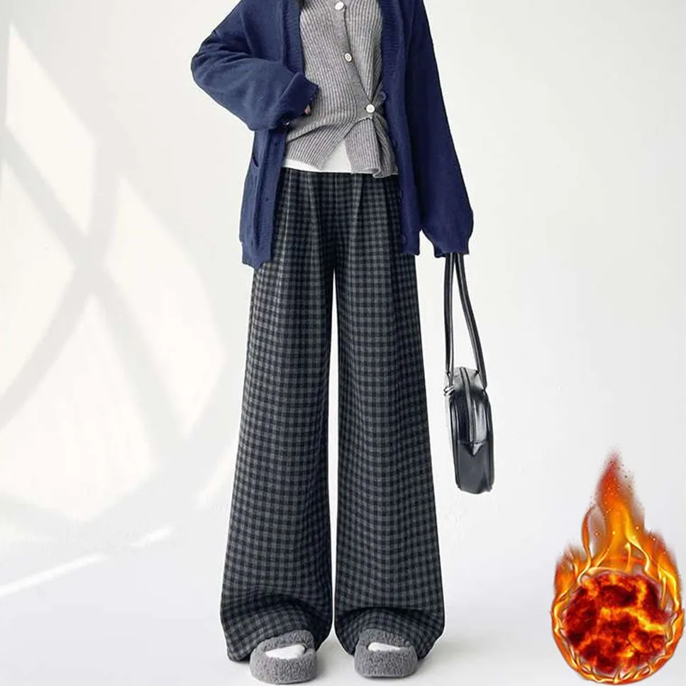 منقوشة طباعة شتاء دافئ بنطال ذو قصة أرجل واسعة المرأة عادية عالية الخصر الشارع مستقيم بنطلون Hatajuku Y2k شيك ملابس عصرية الكورية #1