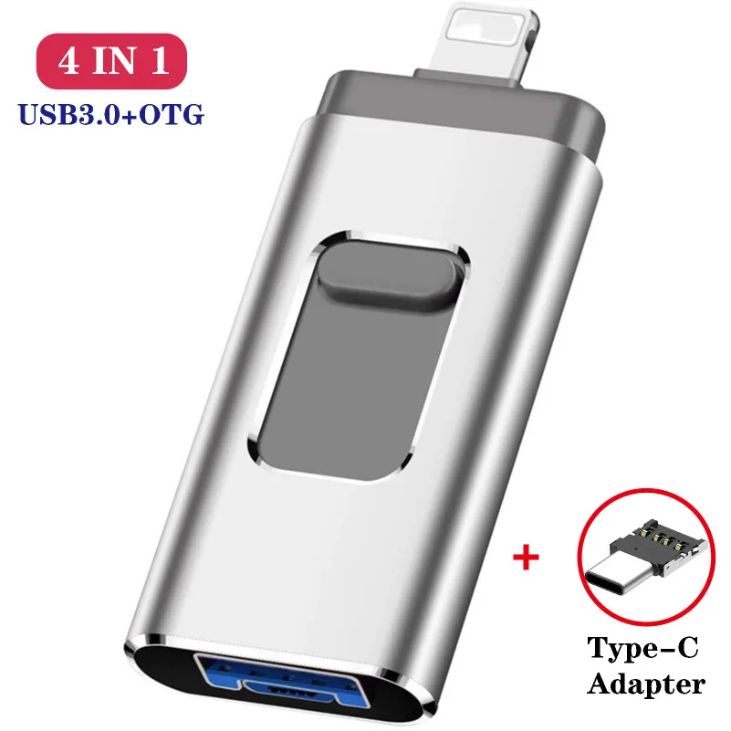 4in 1 usb flash drive para iphone, ipad, android, 8gb, 16gb, 32gb, 64gb, 128gb, memória, tipo c