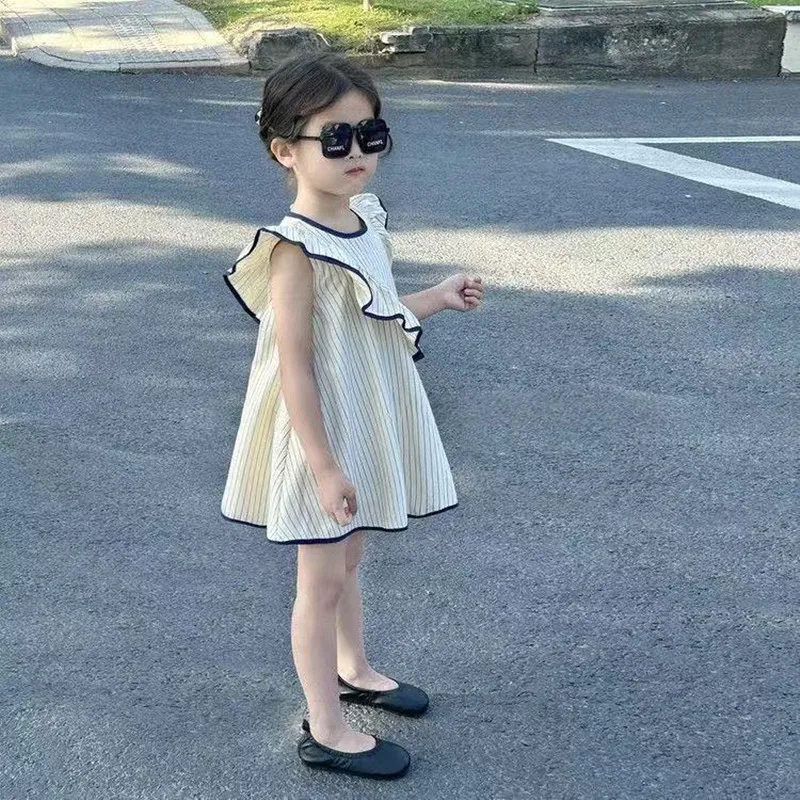 

Girls Striped flysleeve Dress Summer 2025 New Korean Ruffle Irregular Sleeveless Doll Shirt Dress 90-140CM
