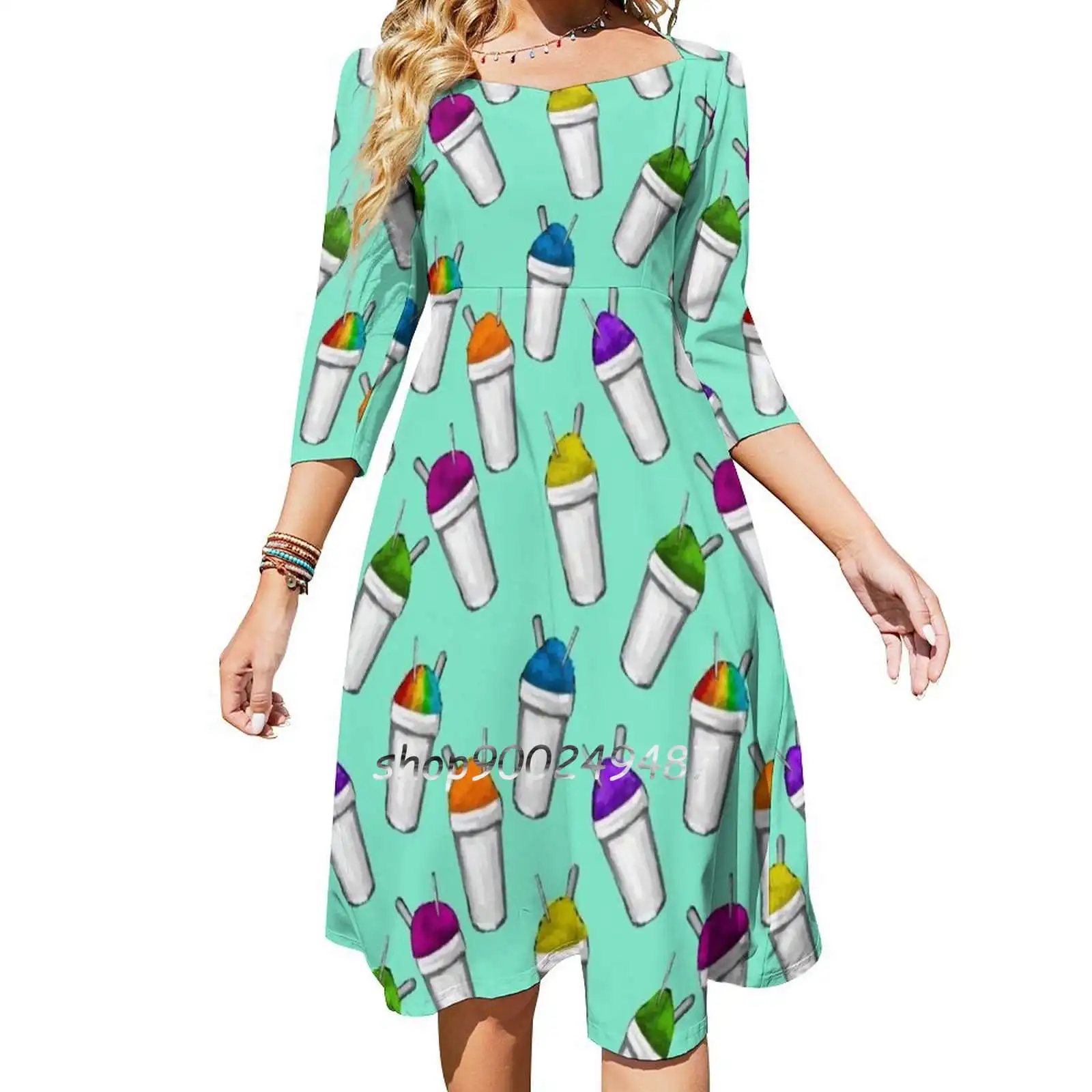 Louisiana Snoball Flare Dress Square Neck Dress Elegant Female Fashion Printed Dress Snoball Snowball Southern Art Summer