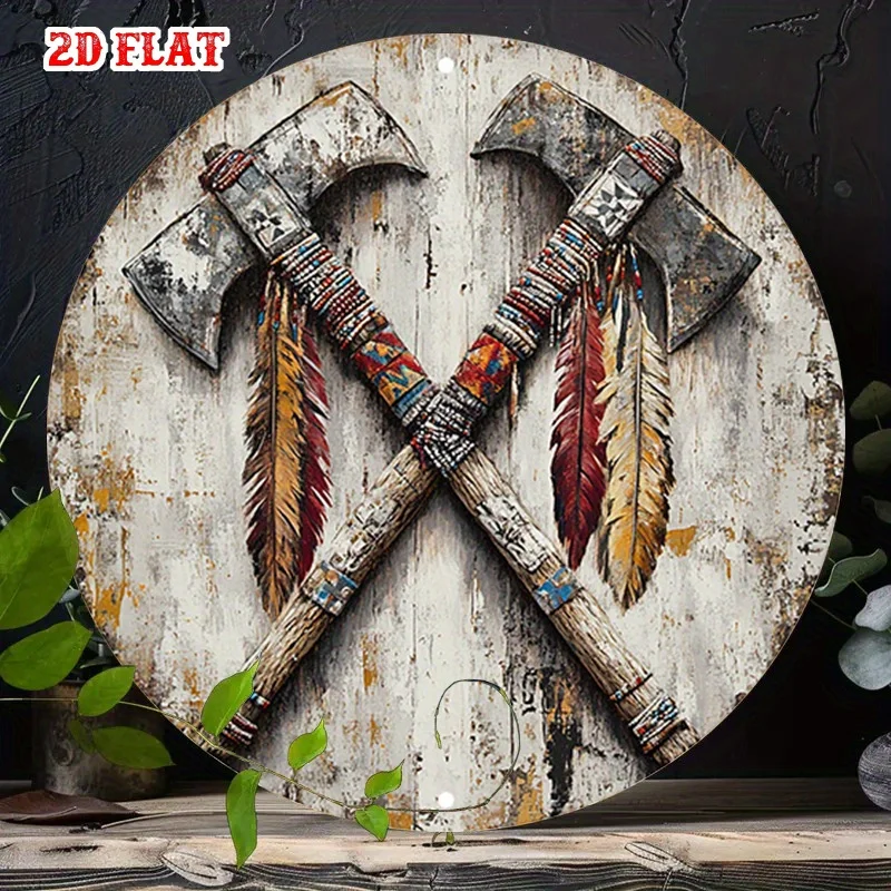 High Definition Metal Tin Sign Native American Tomahawk Feather Vintage Wall Art Decor