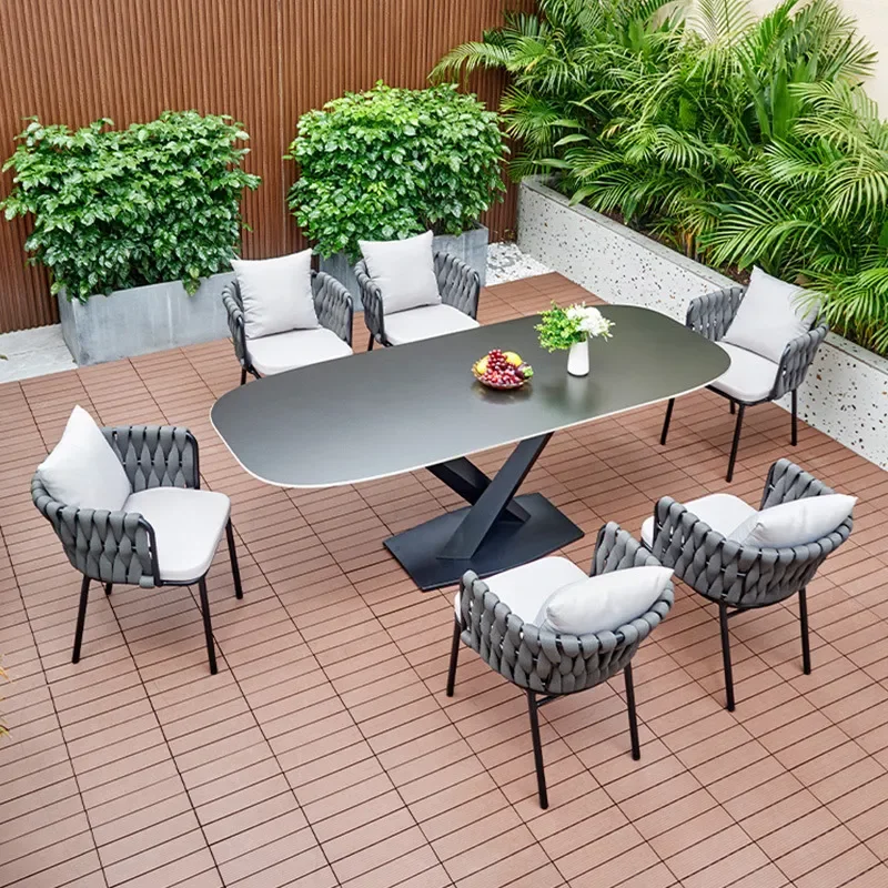 Outdoor Rock Slab Table and Chairs Set Villa Courtyard Dining Table Combination Garden Balcony Leisure Woven Rope Back Chair