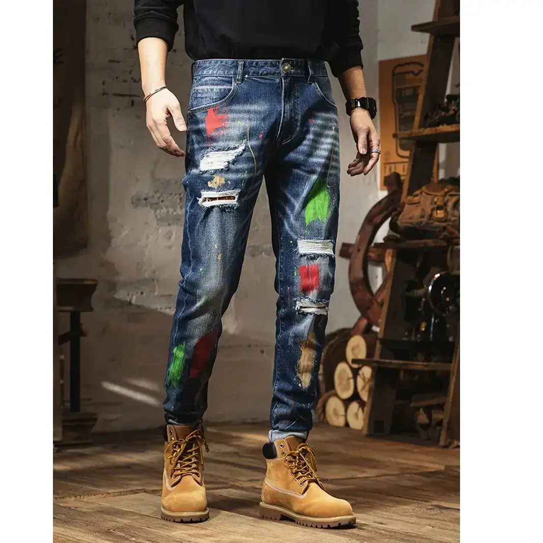 

Men's fashion graffiti splatter distressed straight leg jeans slim fit denim patchwork details micro elastic trendy jeans USsize
