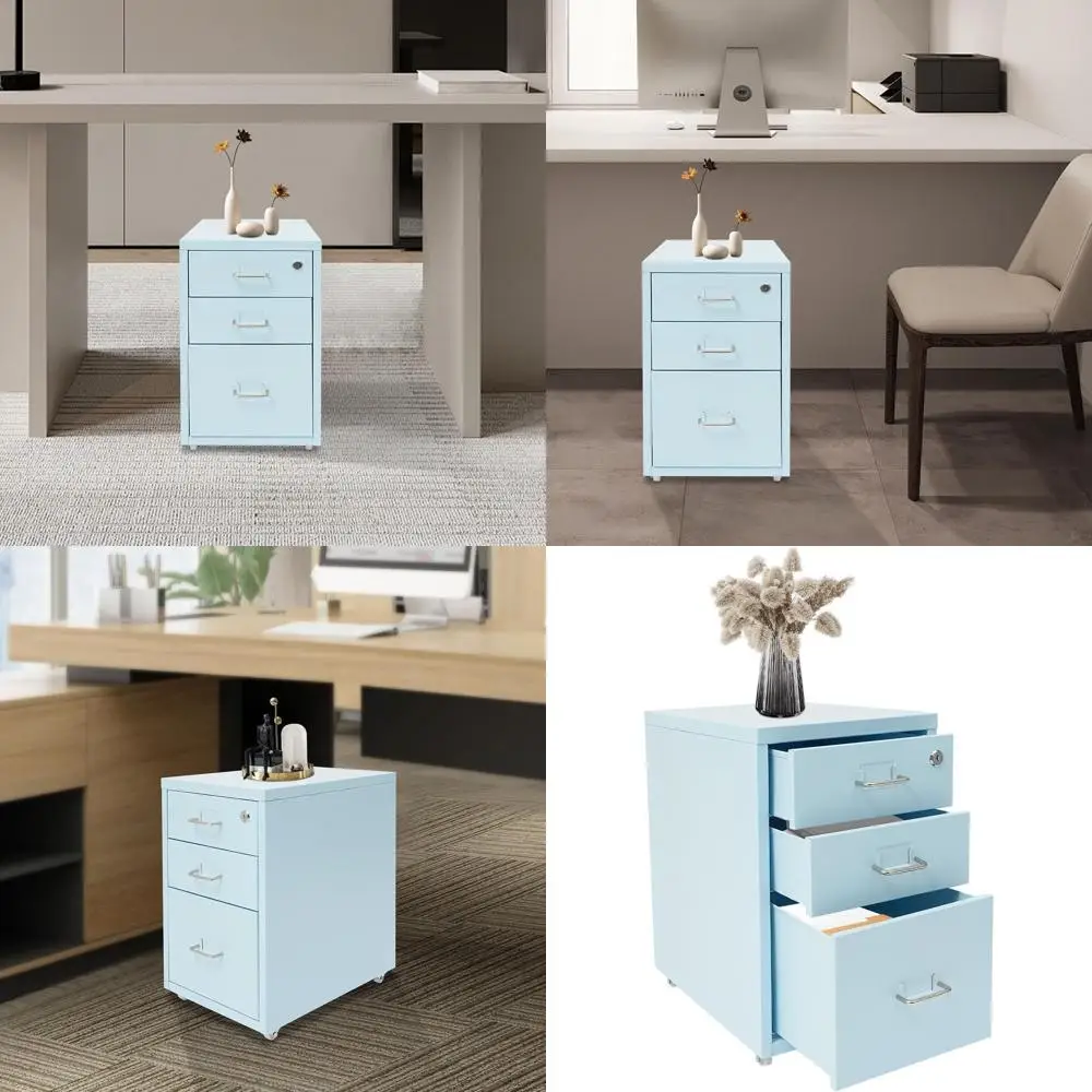 

Blue Vertical 3-Drawer File Cabinet with Lock, Wheel, and Printer Stand for Home Office Storage (Legal/Letter/A4)