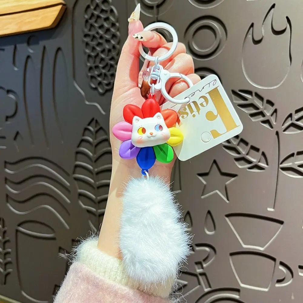 Creative Rotatable Cat Keychain Good Luck with Fur Balls Car Keyring PVC Cartoon Bag Accessories Girls