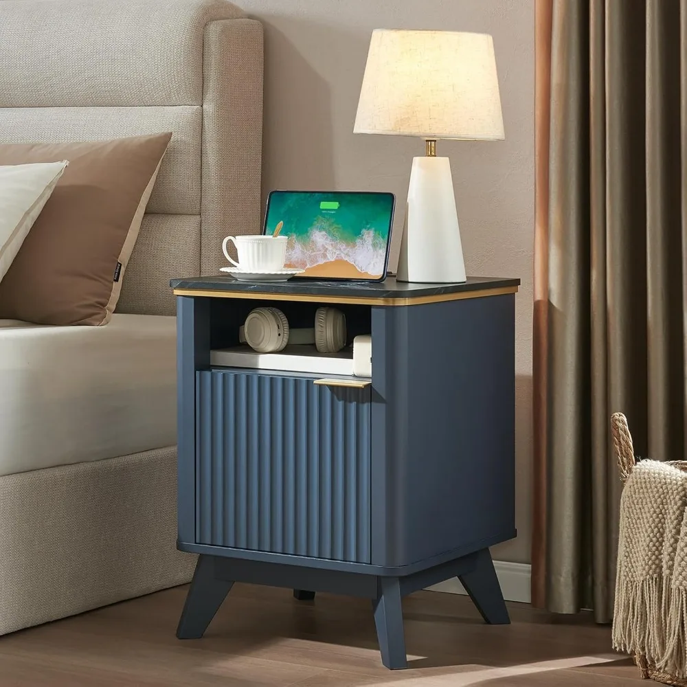 Modern Fluted Nightstand with Charging Station, Bedside Table Featuring Open Storage and Cabinet, 18-inch Contemporary Side Tabl