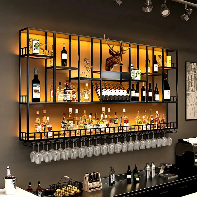 

Modern Fashion bar counter wine cabinet against the wall, wrought iron display stand, hanging shelves