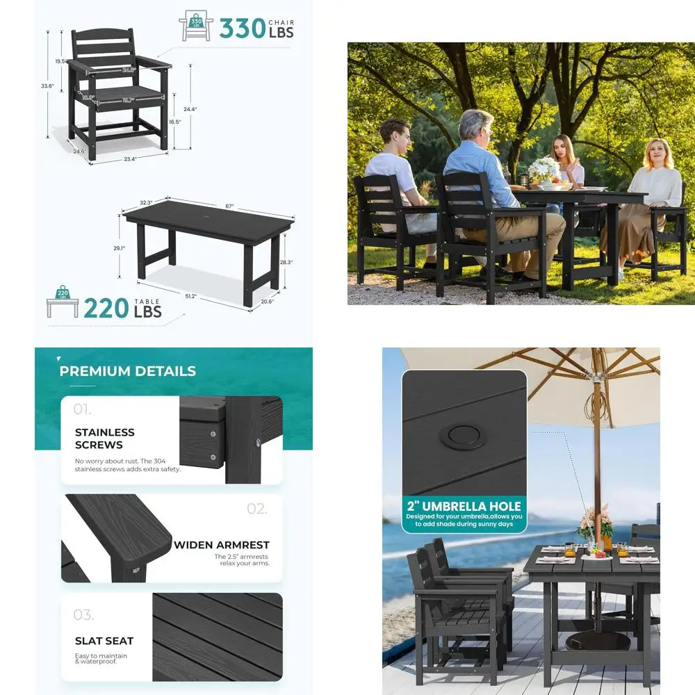 

7-Piece Outdoor Dining Set with Umbrella Hole Table and 6 Chairs, Black HDPE Furniture