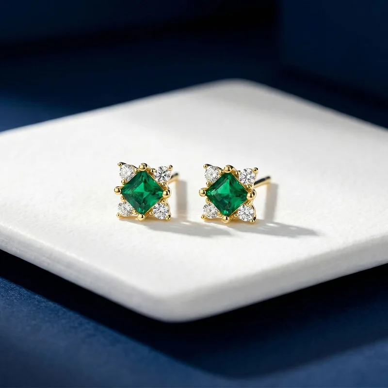 Green Square CZ Stud Earrings Women 1 Pair KC Gold Plated 4 Prong Elegant Sparkly Fashion Jewelry Party Festival Gift