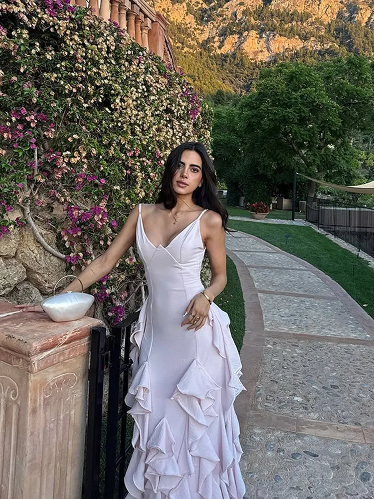 Lightpink cetim plissado maxi vestido feminino decote profundo sem mangas sereia cabido robe 2025 novo verão jardim festa senhora vestidos