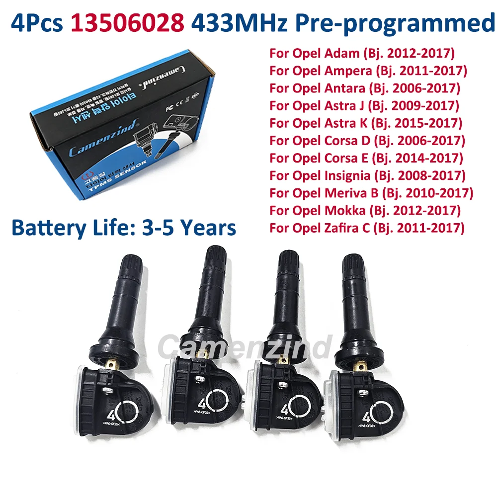 4PCS 13506028 Tire Pressure Sensor TPMS 433MHz For Opel Adam Ampera Antara Astra J K Corsa D Insignia Meriva B Mocha Zafira C