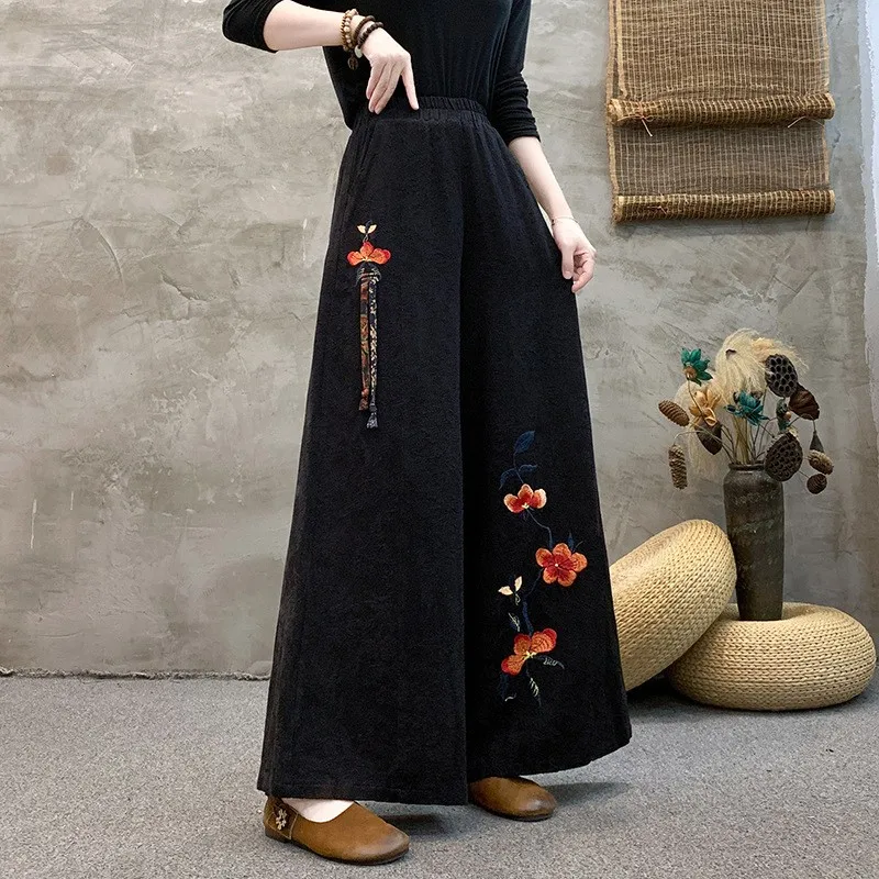 Pantalon rétro en coton et lin pour femmes, jambes larges, ceinture brodée, décontracté, ethnique, taille haute, drapé Long, nouvelle collection printemps