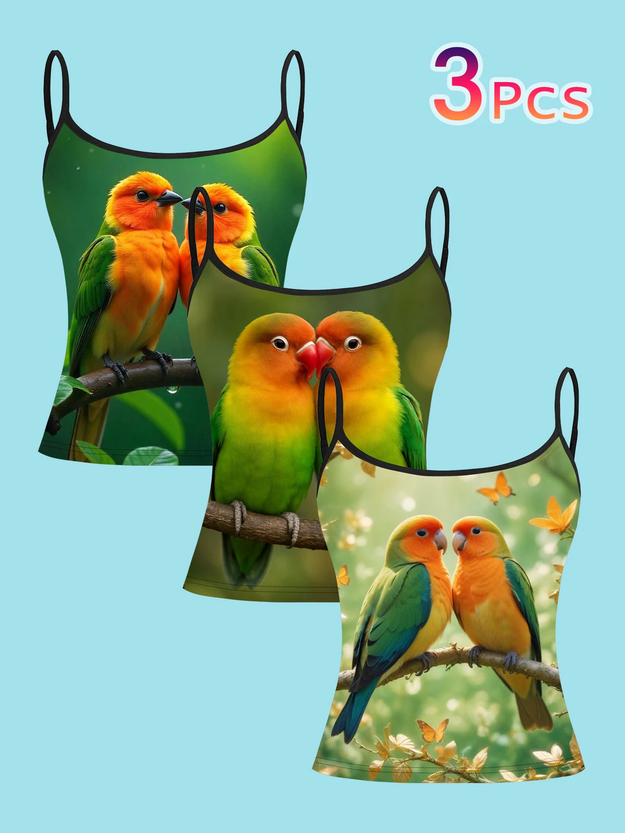 3-Piece Set of Women's Couple's Parrot Print Camisoles, Pastoral Style Lovebirds Natural Floral Slim-Fit Spaghetti Strap Sleeveless Base Tops