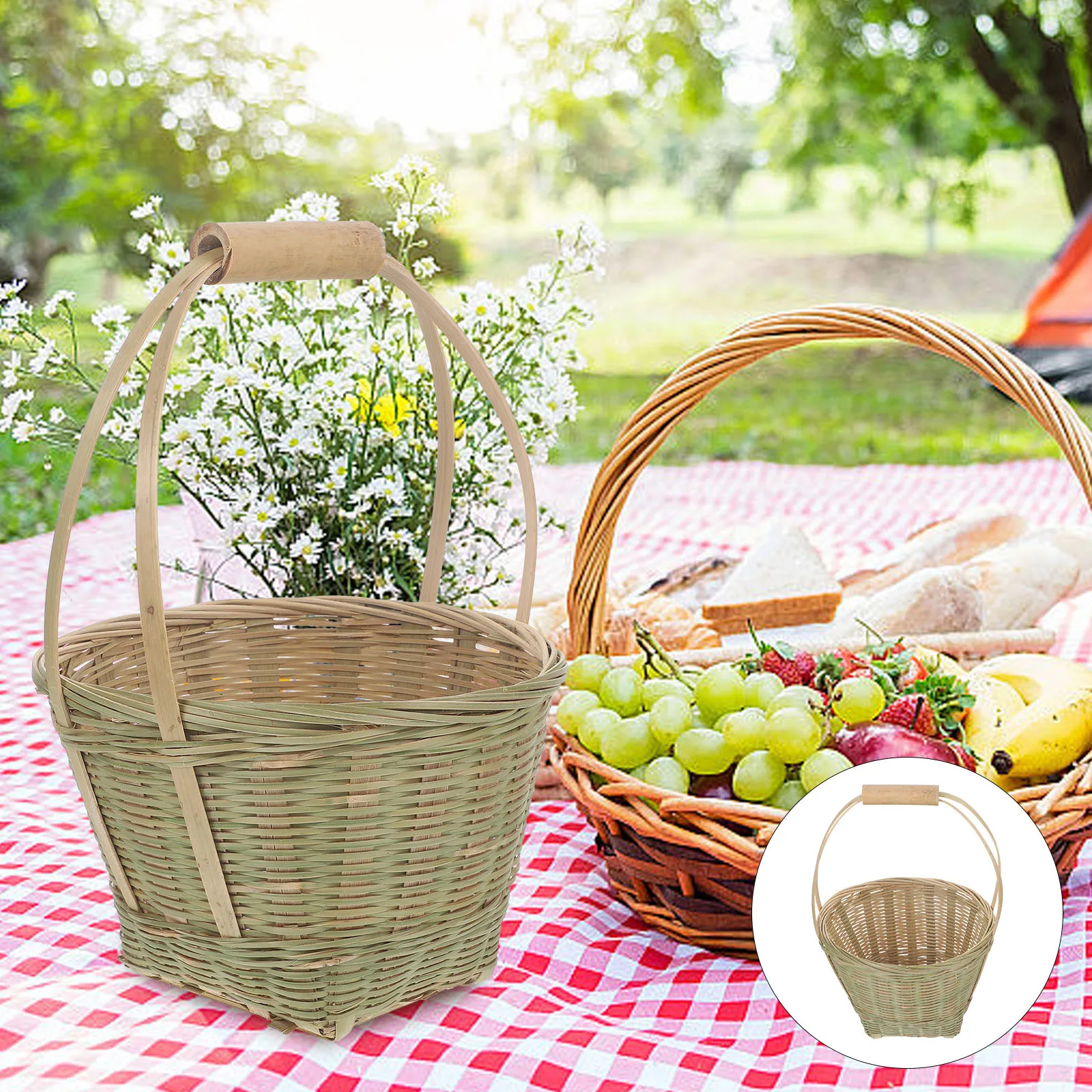 

Woven Storage Basket With Handle Portable Bamboo Picnic Basket For Fruits Snacks Bread Sundries Organizing Indoor Outdoor