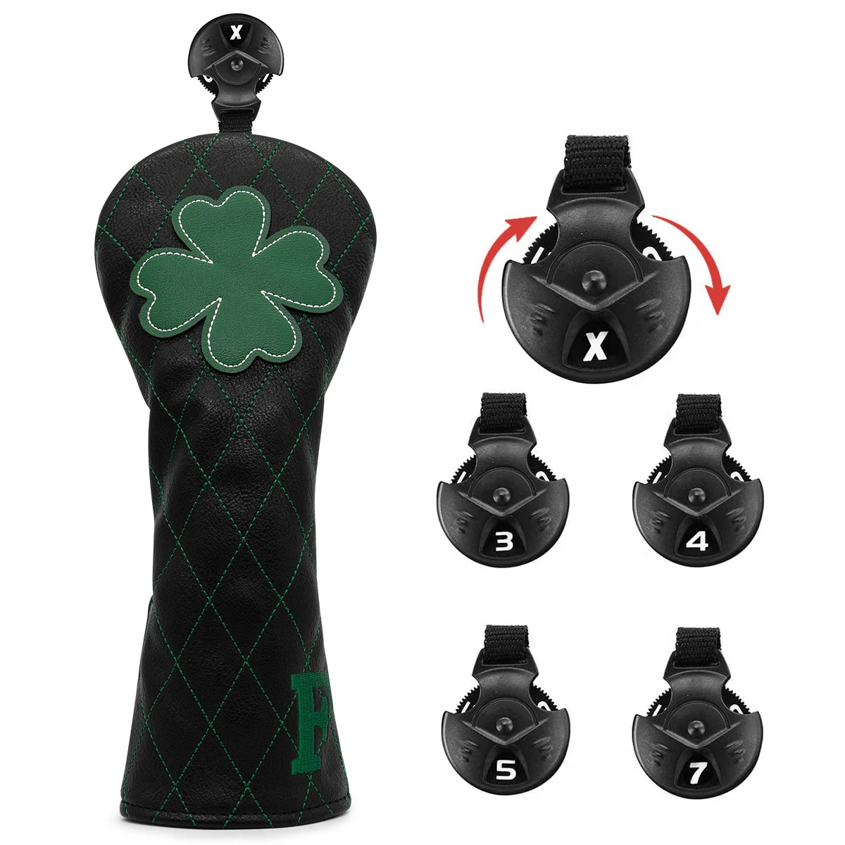 Golf Headcovers for Driver Head Cover, Embroidery Black Leather, Lucky Clover, Premium Leather Driver Fairway, Wood Hybrid