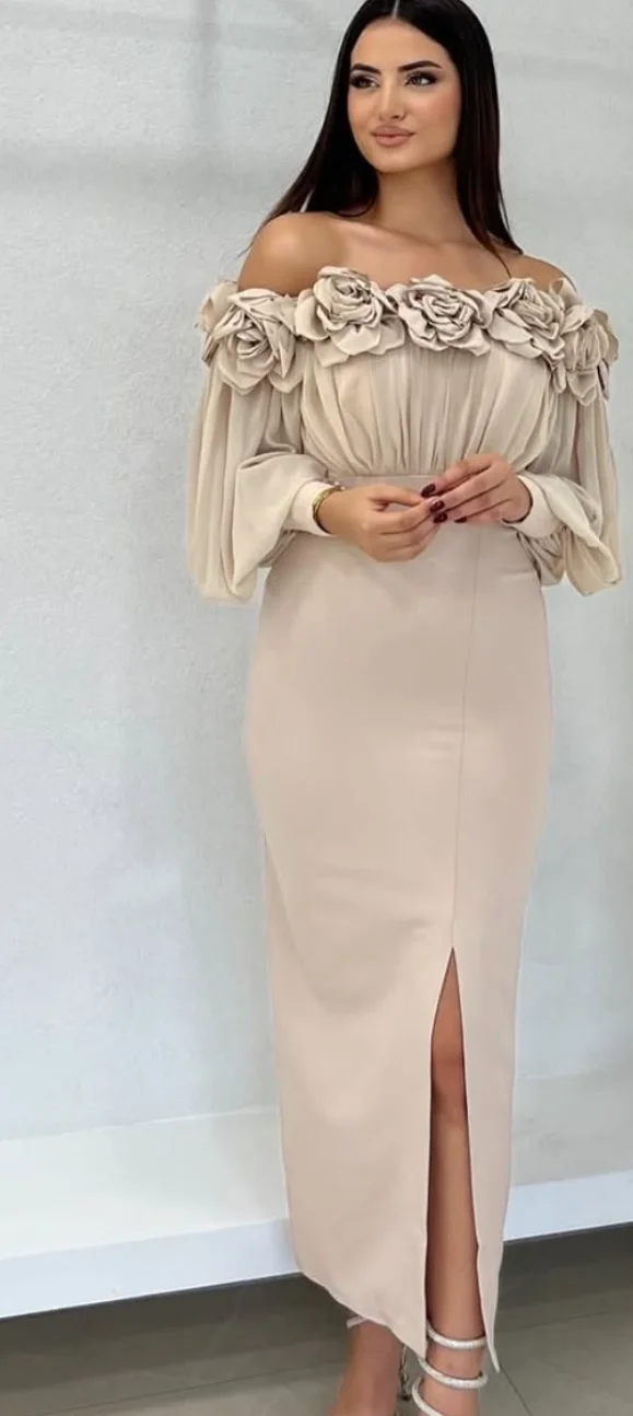 Off-Shoulder Robe De Soirée Short Mermaid Evening Gown Customized Silt Formal Party Dress Flowers Puff Sleeves  Prom Dresses