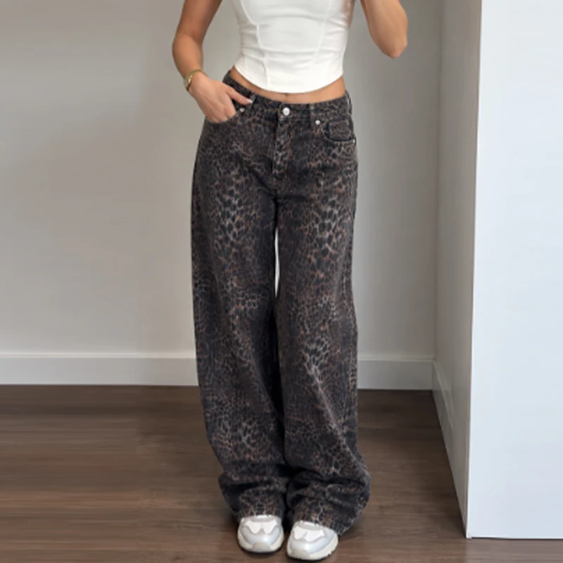 HXAO Baggy-Hose mit Tiermuster, Damenjeans, Herbst 2026, Vintage, hohe Taille, lockere, weite Beine, Denim-Fasshose, Streetwear-Hose – Detail 8