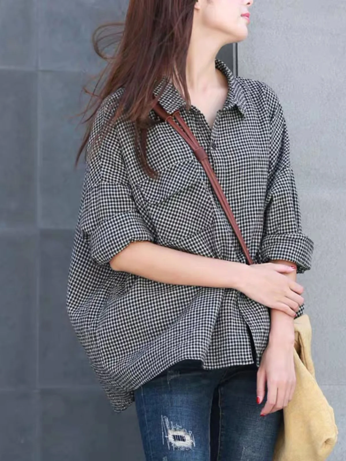 

Свободный хлопок и лен Long Sve irt Женский повседневный клетчатый узор Agel Ретро для поездок на работу на пуговицах Ne Обычная длина