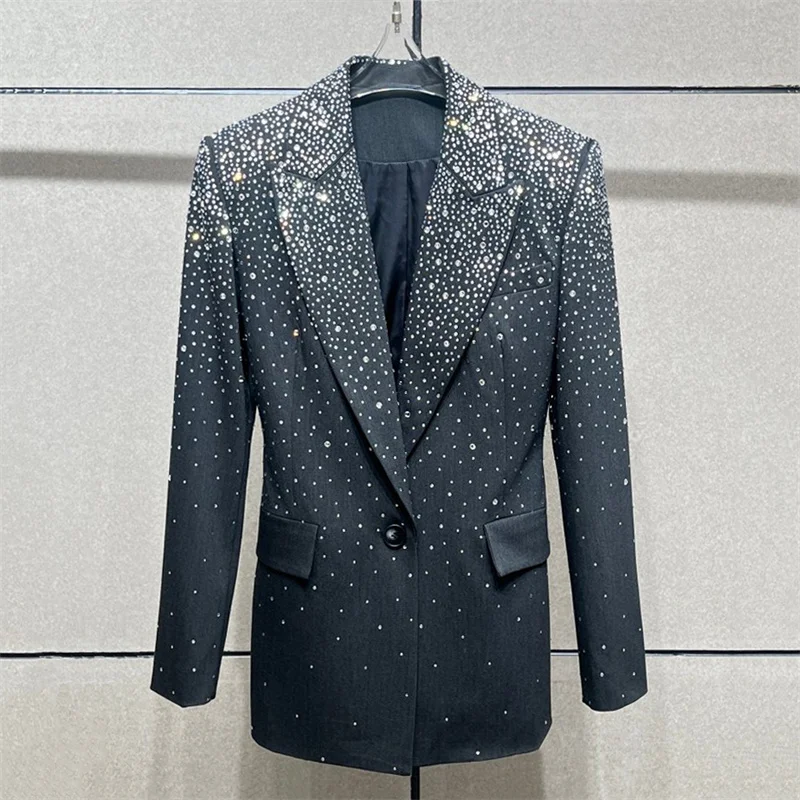 Women's jacket Spring 2026 new one button slim fit lapel Women's suit Gradient colored rhinestone decorated women's coat y2k