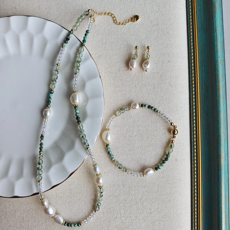 Natural White Pearl Turquoise Stone Prehnite Stone Mix Beads Splicing Necklace Niche Art Jewelry Set Simple Bracelet Earrings