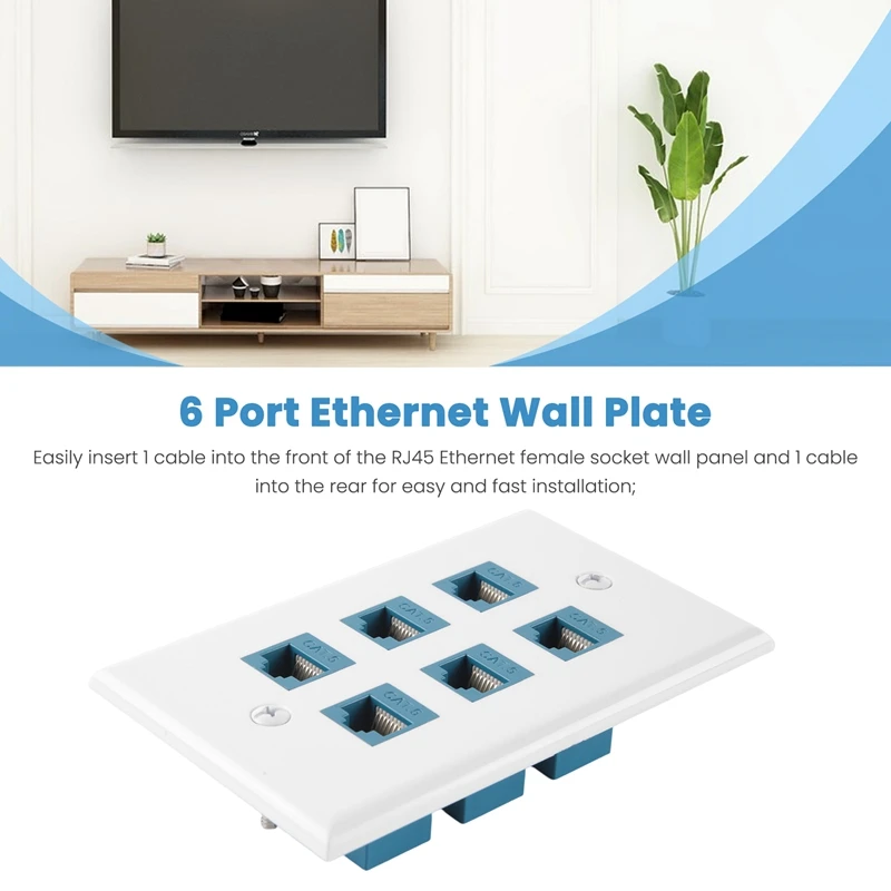 2Pack 6 Port Ethernet Wall Plate, RJ45 Cat6 Female To Female Jack Inline Coupler Plates Ethernet Cable Face Plates(Blue)