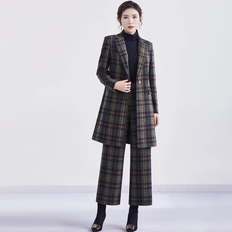 

Allingentle Long Blazer Women's Suit 2 Piece Set Elegant Plaid Pantsuit Set for Party Daily Casual Outfits Customize
