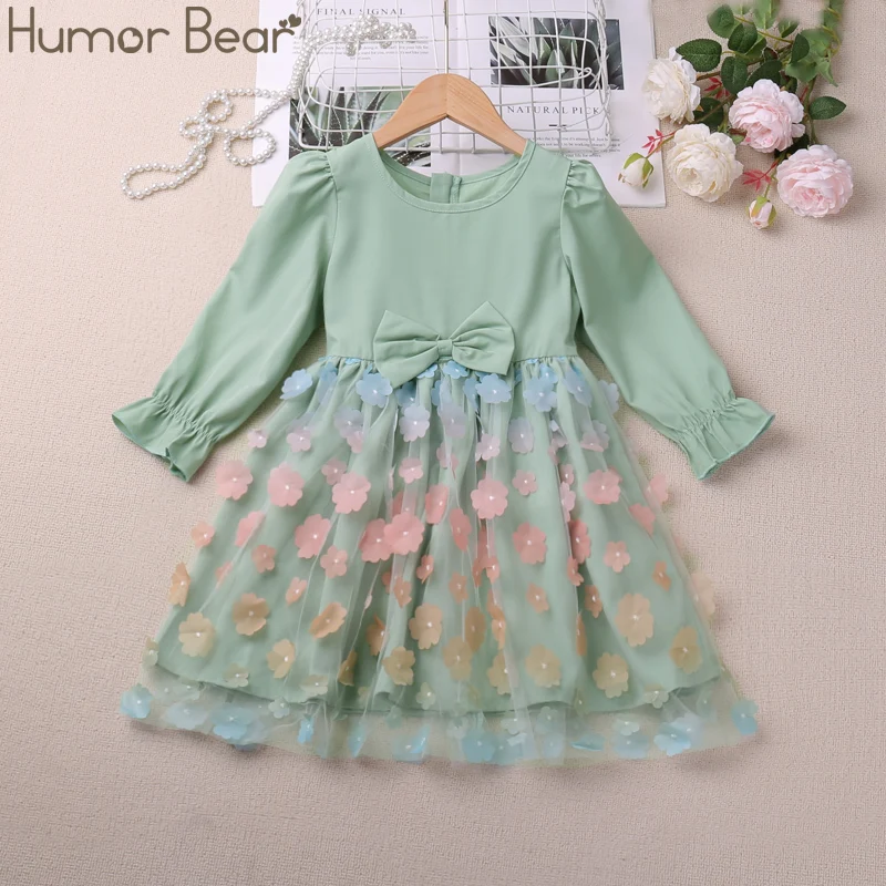 Humor Bear Girls' Long sleeved Petal Skirt with Sweet and Lovely Bow Knot Flare Sleeves Vestidos Casual Outfit 2-6Y