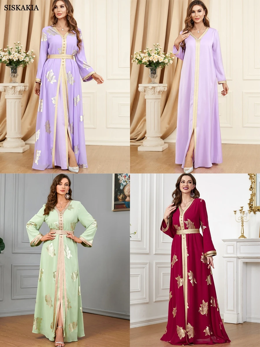 Siskia 2 Stuks Abaya Jurk Set Voor Vrouwen Bescheiden Moslim Marokkaanse Jalabiya Dubai Turkse Kaftan Islamitische Kleding Goud Stempelen