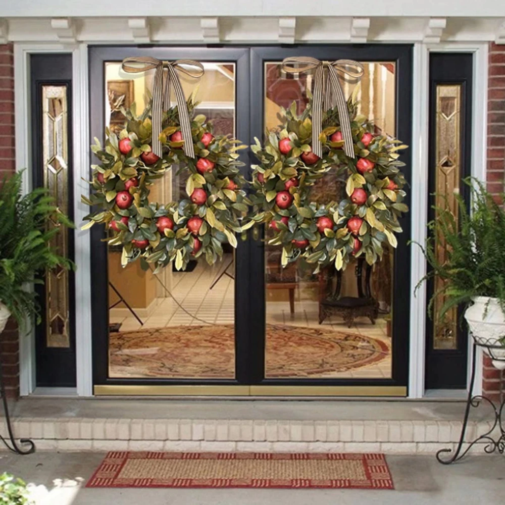 Autumn Fall Front Door Wreath Artificial Pomegranate Fruit Ribbon Bow Realistic Greenery Hanging Onrmanet Part Indoor Outdoor view 6
