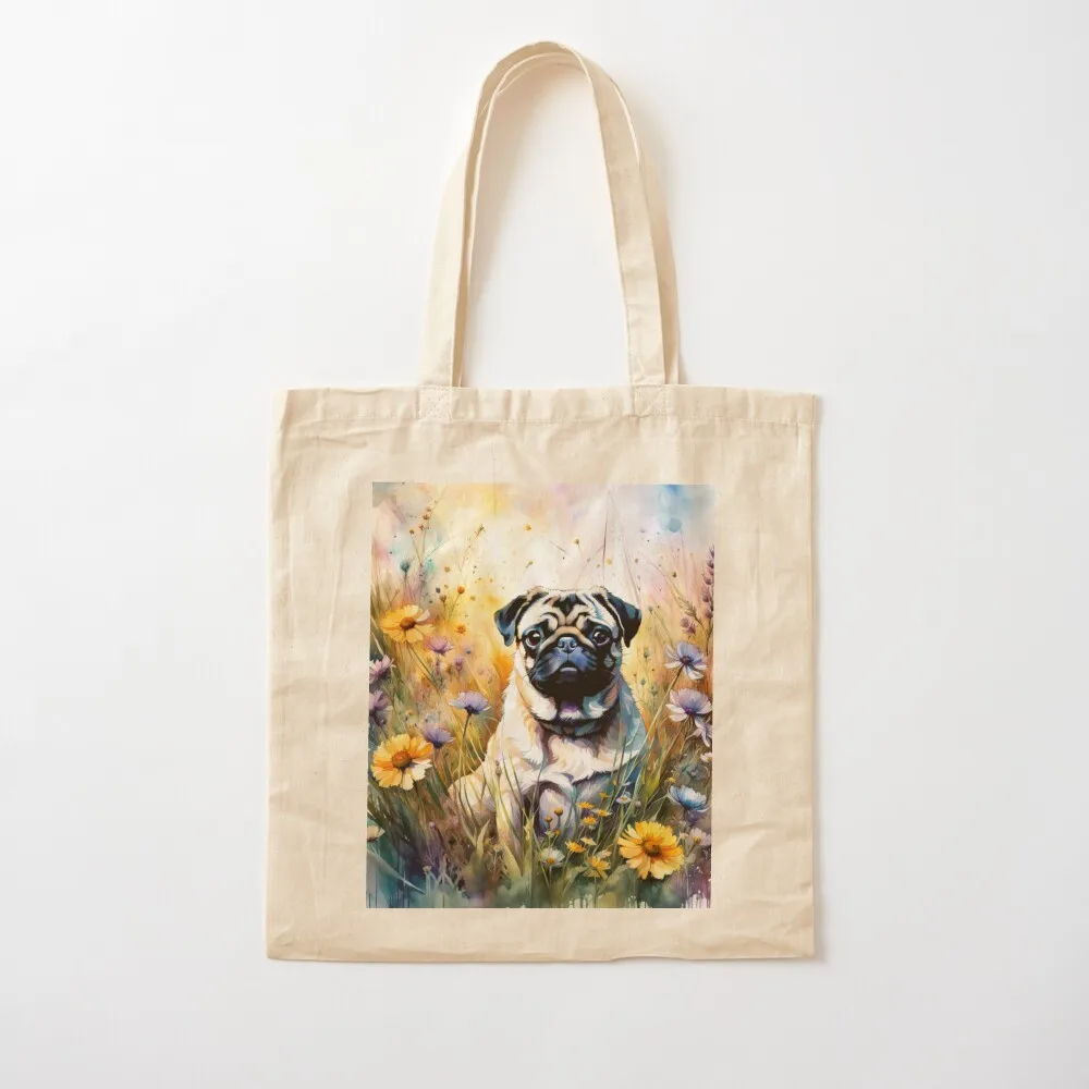 

Watercolor pug Tote Bag university shopper bag custom tote bag Canvas Tote